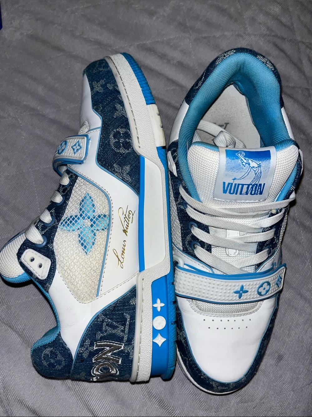 Louis Vuitton Men’s  White and Light Blue Monogram Strap Sneakers - Picture 2 of 2